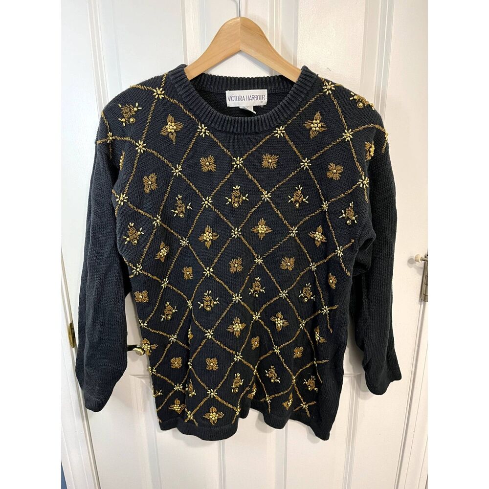 Vintage Victoria Harbour Black & Gold Beaded Crewneck Sweater Size Medium